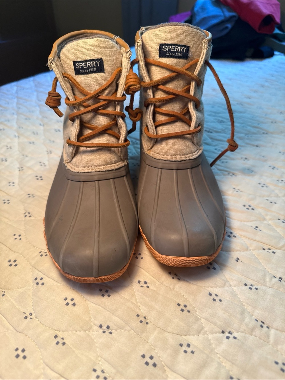 Sperry Saltwater Duck Boots Girls Youth Size 3 Gray/ Salmon Waterproof